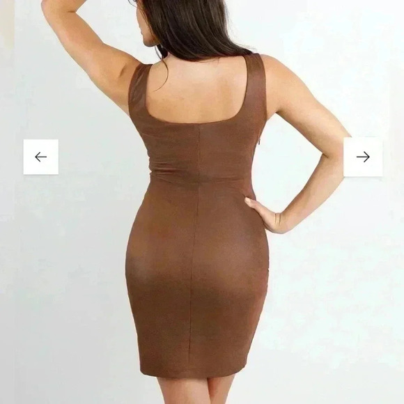 POPILUSH Shapewear Dress Faux-Suede Square Crew Neck Midi - Picture 6 of 12